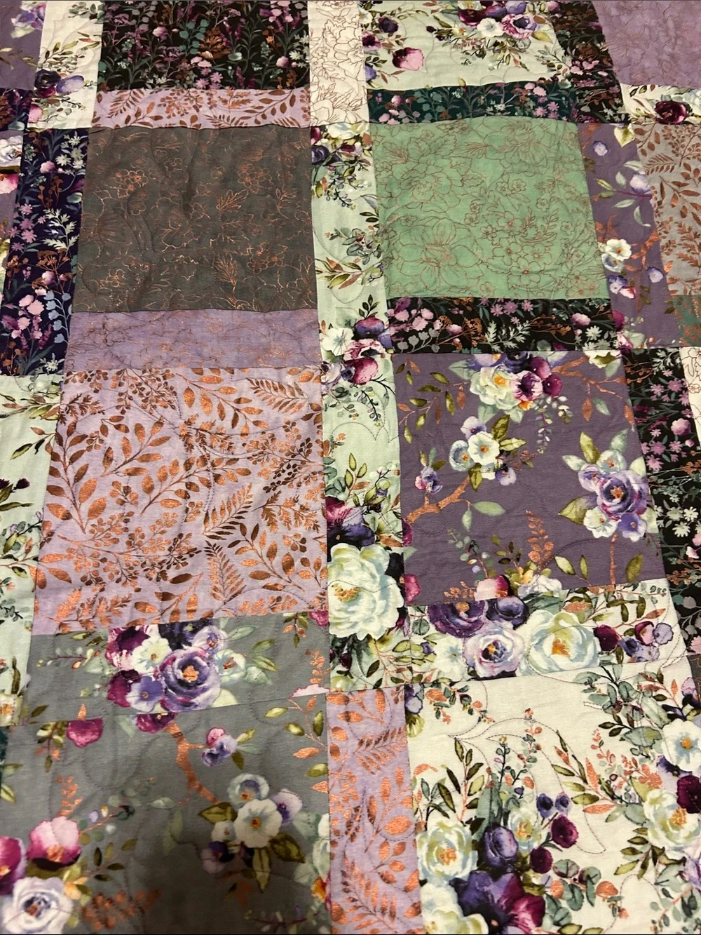 ONE OF A KIND - HANDCRAFTED Quilt in Shades of Purples, Green and Cream